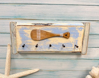 Rustic Paddle Key Holder For The Lake House, Wooden Chippy Paint Hook Rack For Jewelry, Beach House Wall Art Decor by CastawaysHall