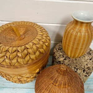 May include: Three woven baskets, one shaped like an apple with a lid, one a tall vase, and one a round, dome-shaped basket.