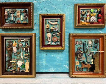 Oddity and Curiosity Collection Framed Art, Vintage Curiosities Assemblage Art, Miniature People,Oddities Home Decor Gifts at CastawaysHall