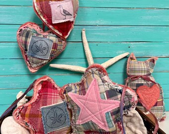 Pink Peg Hanger Stars In Vintage Plaid and Wool Fabric, Coastal Farmhouse Decor