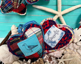 Peg Hanger Hearts In Vintage Plaid and Wool Fabric, Coastal Farmhouse Decor