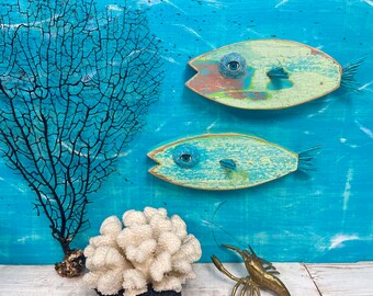 Painted Wood Fish in Crackled Turquoise Green, Choose One Art Fish, Old Door Wood Fish Art Coastal Living Decor by CastawaysHall