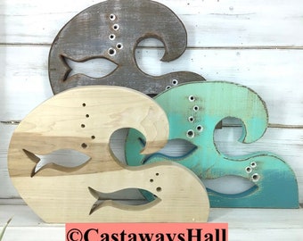 Wooden Wave Panel With Fish Cutouts, ONE Wood Wave & School of Fish, Driftwood Colouring, Sea Glass or Natural Beach House by CastawaysHall