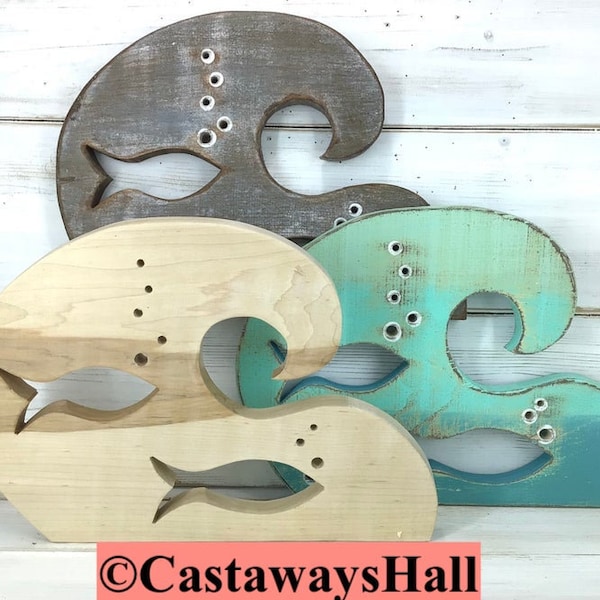 Wooden Wave Panel With Fish Cutouts, ONE Wood Wave & School of Fish, Driftwood Colouring, Sea Glass or Natural Beach House by CastawaysHall