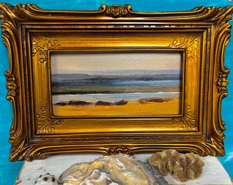 Vintage Original Seascape Oil Painting, Wander At Low Tide in Ornate Gold Wood Frame, Contemporary Abstract Beach House Art At CastawaysHall