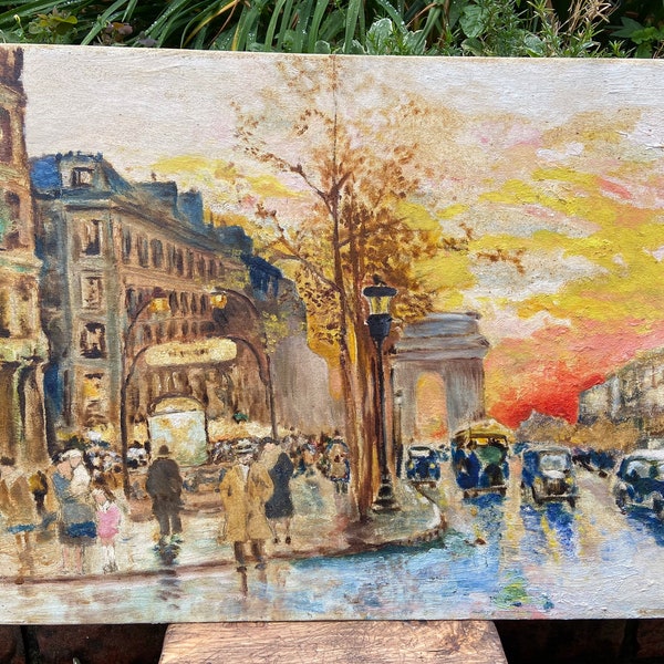 Vintage Original Oil Painting of Paris, Arc de Triomphe and Paris Street Signed Painting, Paris Cityscape Original Art at CastawaysHall