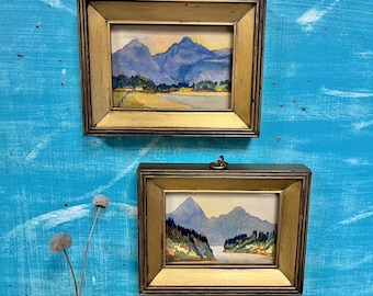 Original Watercolour Paintings Of Mountains and Trees In Vintage Gold Wood Frames, Set of 2 Wall Art For The Nature Lover at CastawaysHall