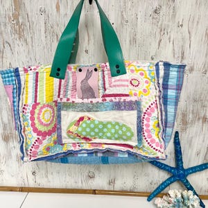 Coastal Flip Flop Quilt Tote Bag, Handmade Project Tote, Cute Core Decor