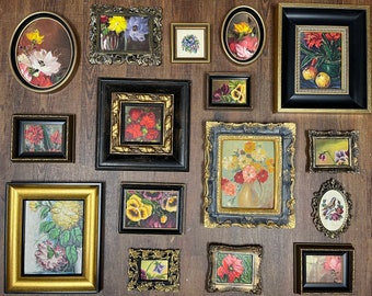 Floral Still Life Gallery Wall 16 Piece Set, Original Flower Paintings & Vintage Needlepoints In Classic Black Gold Frames at CastawaysHall