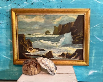 Antique Original Oil Seascape Painting in Rustic Gold Vintage Frame | Raging Sea Coastal Art For Beach The Lover CastawaysHall