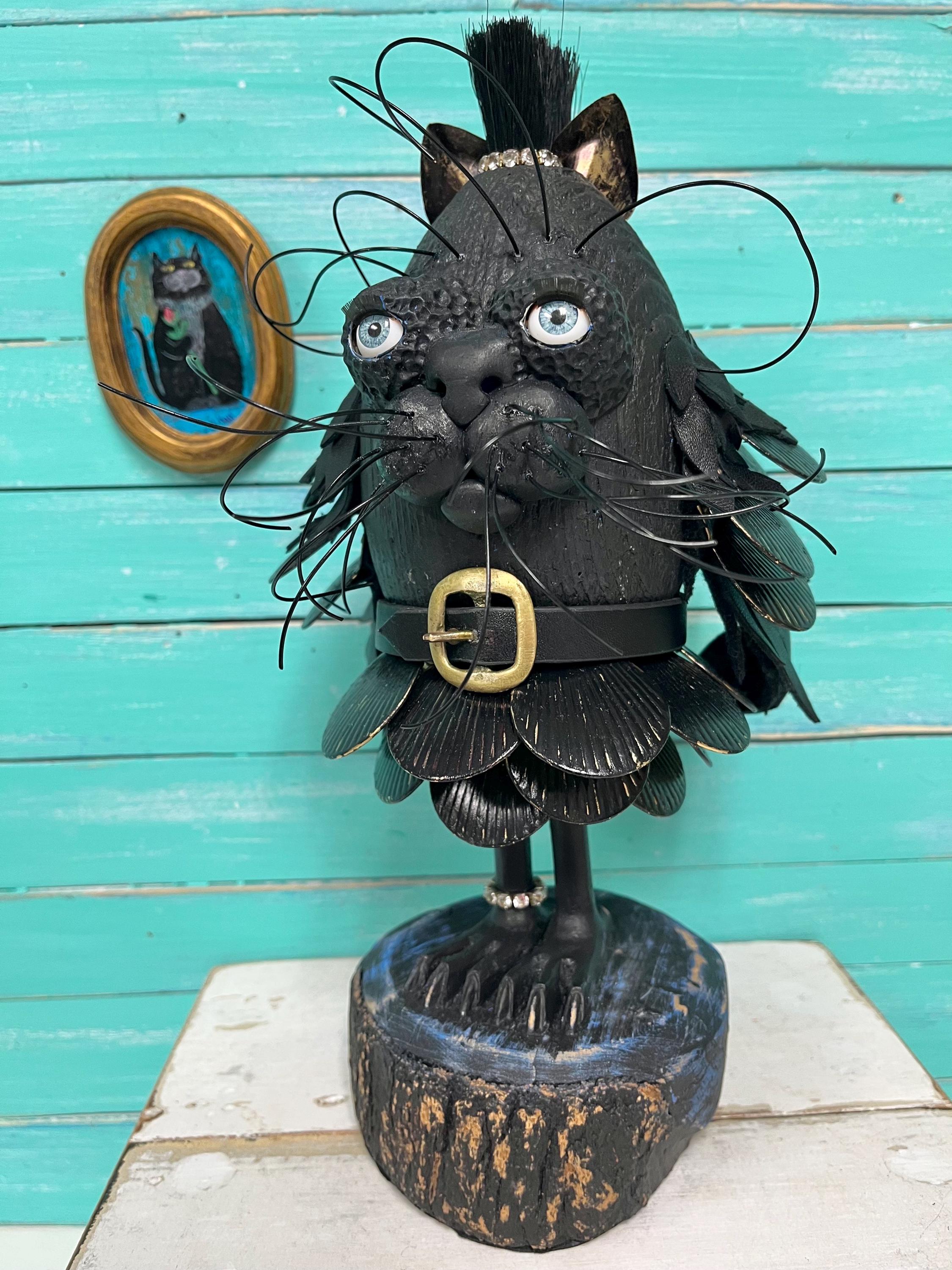 Black Cat Assemblage Art Sculpture, The Catbird Made From Wooden Fishing Float, Eclectic Kitten Folk Art Decor by CastawaysHall