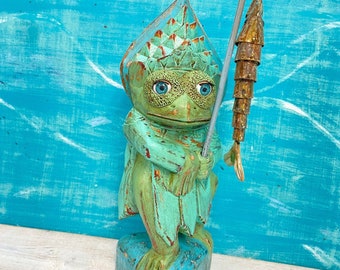 Carved Wood Frog With Abalone Fish, Green Wooden Frog Art Sculpture, Oddity and Curiosity Collection Gift, Reptile Statue by CastawaysHall