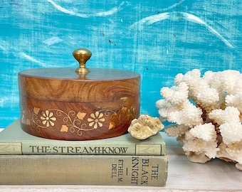 Vintage Round Wooden Jewelry Box With Brass Inlaid Lid, Exotic Wood Vanity Trinket Case, Keepsake Holder, Gift For Her at CastawaysHall