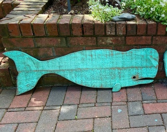 Green Wood Whale Wall Art by CastawaysHall, Handmade Distressed Wooden Fish Wall Hanging, Barn Wood Beach House Decor, Housewarming Gift