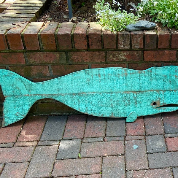 Green Wood Whale Wall Art by CastawaysHall, Handmade Distressed Wooden Fish Wall Hanging, Barn Wood Beach House Decor, Housewarming Gift