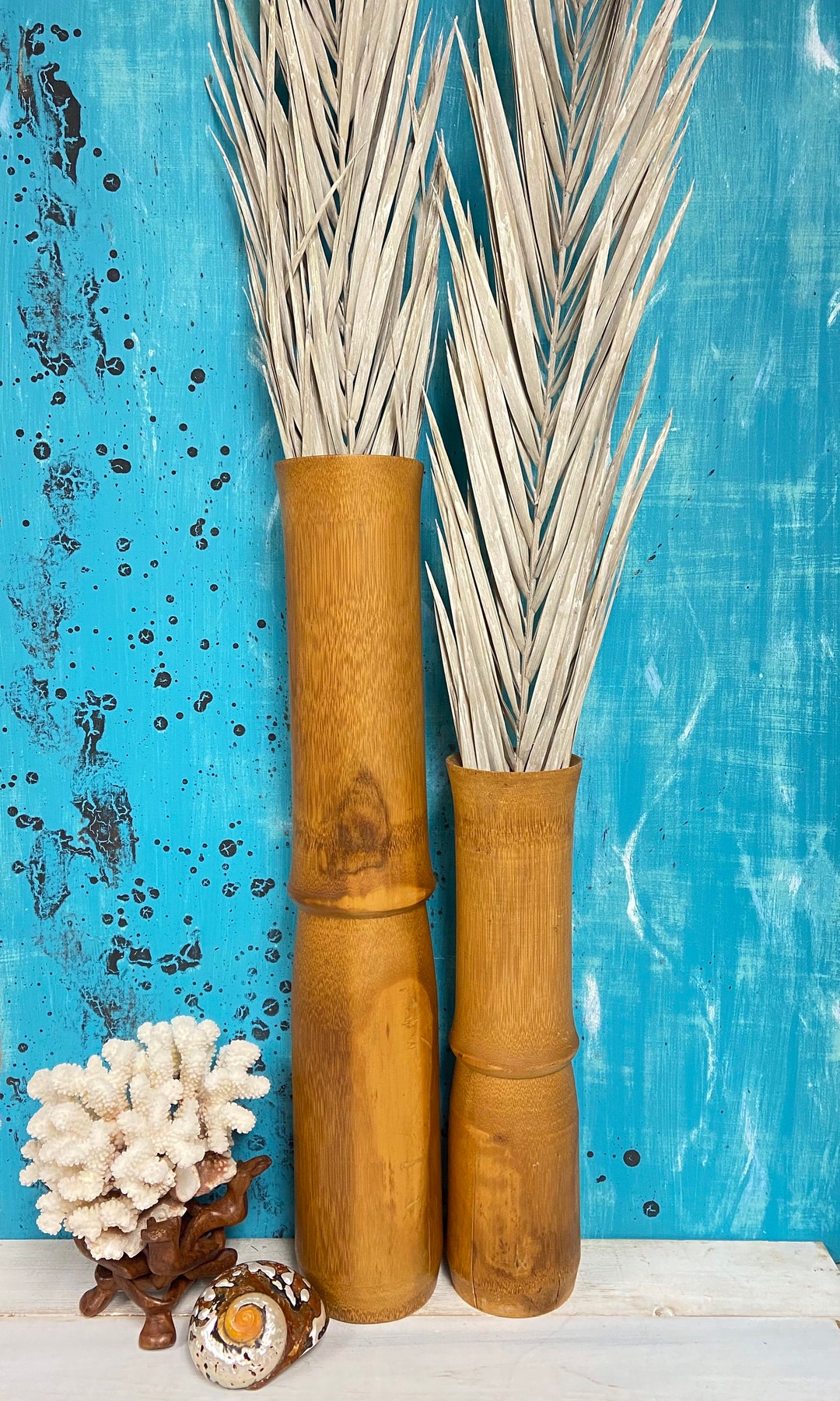 Two Giant Antique Bamboo Vases for Ikebana Flower, Set of Two Large