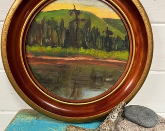 Vintage Small Original Fall Sunset Painting, Stanley River PEI Oil Painting in Round Gold Wood Frame, Landscape Lake House Art CastawaysHall