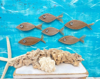 Wood School of Minnow Fish in Driftwood Colours, Wooden Fish Art, Wood Minnows Set of 6, Beach House Wall Art Decor by CastawaysHall