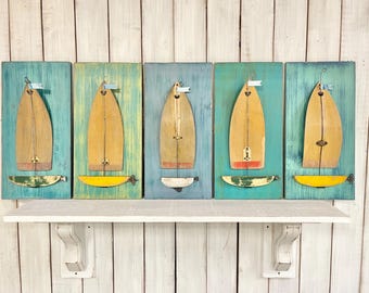 Paddle Wall Decor, Sailboats Made From Vintage Kayak Paddles, Choose ONE, Coastal Style Assemblage Art, Beach House Decor by CastawaysHall
