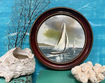 Vintage Sailboat Oil Painting In Round Wood Frame, Original Seascape Nautical Wall Art For The Beach Or Lake House at CastawaysHall