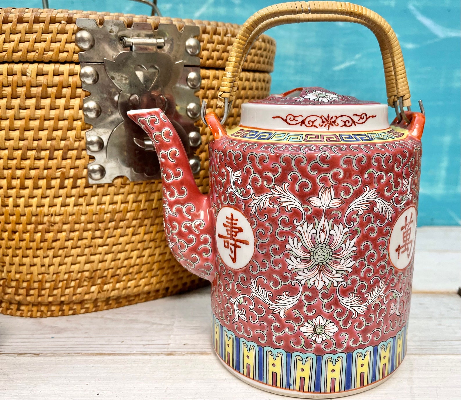 Vintage Chinese Tea Basket Mun Shou Famille Rose Medallion Etsy