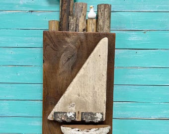 Coastal Driftwood Found Objects Assemblage Wall Art, Sailboat, Seagulls And A School Of Fish, Recycled Beach Salvage Decor by CastawaysHall