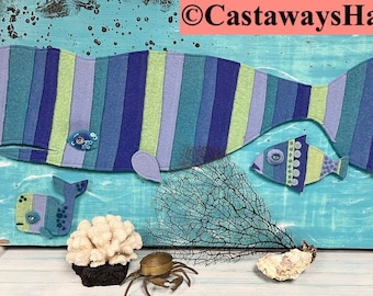 Vintage Wool Whale Textile Art: Striped Soft Sculpture, Beach House Decor By CastawaysHall