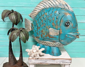 Carved Wooden Fish Sculpture: Distressed Turquoise Coastal Decor By CastawaysHall