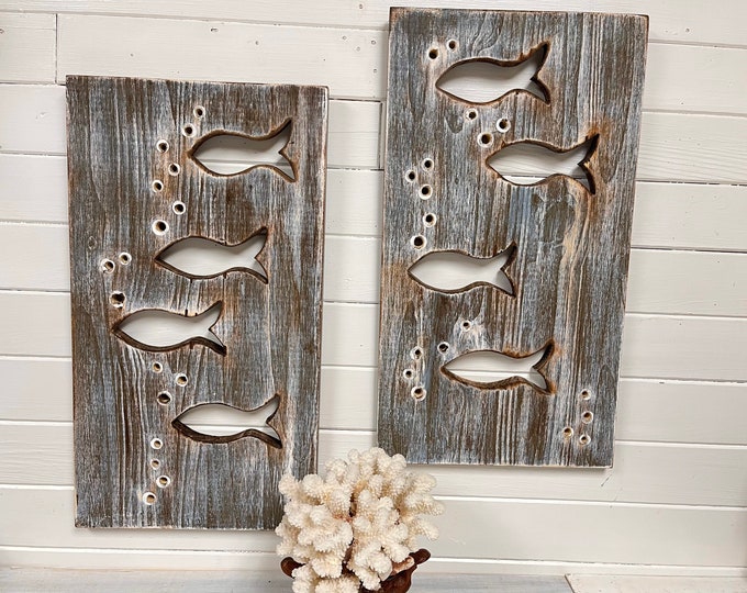 Set of Two Wood School of Fish Art Panels, Two Vertical Fish Signs Wall