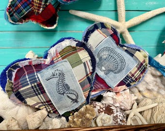 Peg Hanger Hearts In Vintage Plaid and Wool Fabric, Coastal Farmhouse Decor