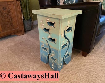 Wood School of Fish Side Table, Fish Side Table, Fish Plant Stand, Driftwood Colouring or Sea Glass Colours Night Stand by CastawaysHall