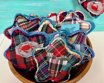 Peg Hanger Stars In Vintage Plaid and Wool Fabric, Coastal Farmhouse Decor