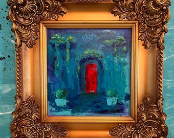 The Red Door, Original Modern Art Abstract Painting In Large Vintage Ornate Gold Frame by CastawaysHall, Contemporary Fine Art