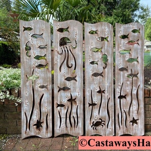 CastawaysHall Wood School of Fish Gift, 4 Handmade Jellyfish Wall Art, Crab and Seahorse Panels in Driftwood Colours or Sea Glass Colours