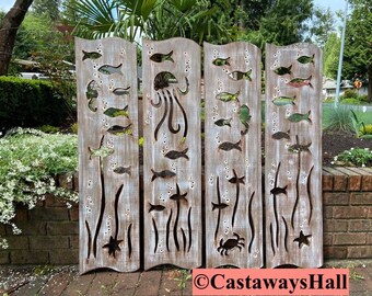 Handmade Wood Fish Wall Art Panels: Beach House Decor - Set of 4