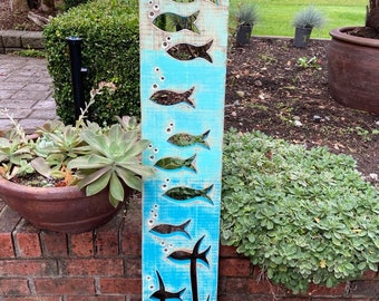 Tall Wooden School Of Fish Wall Art, Beach House Decor