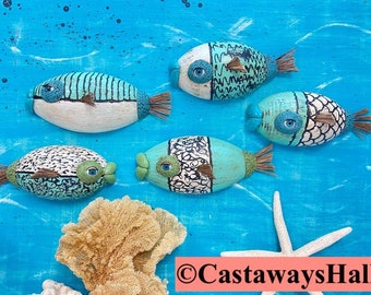 ONE Seafoam Painted Wood Fish by CastawaysHall, Carved Wooden Net Float Fish Wall Art For Your Beach House, Eclectic Coastal Folk Art Gift