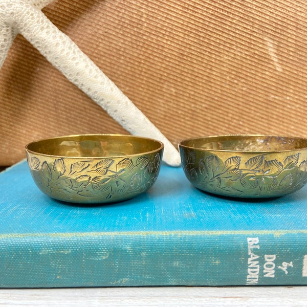 Two Small Vintage Brass Bowls, Engraved Brass Bowls, Trinket Incense Bowl, Coin Bowl, Jewelry Bowl Boho Style Decor at CastawaysHall