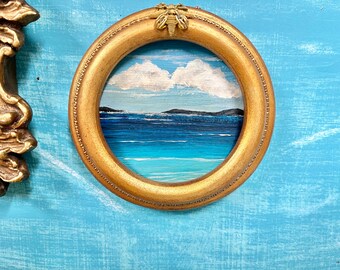 Small Island Seascape Painting in Handmade Gold Frame: Coastal Wall Art By CastawaysHall