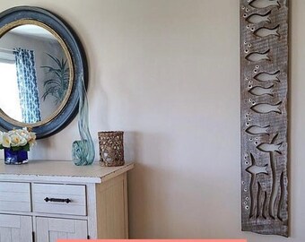 Tall Wooden School Of Fish Wall Art, Beach House Decor