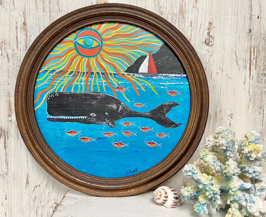 Original Painting of a Smiling Whale in A Round Vintage Frame - Etsy