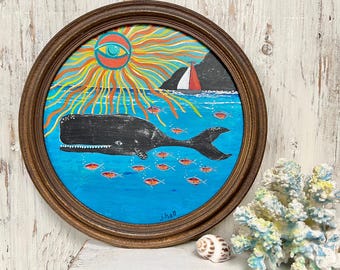 Original Painting Of a Smiling Whale in A Round Vintage Frame
