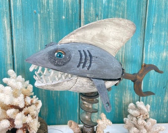 Wooden Shark Sculpture, Oddity & Curiosity Assemblage Art, Great White Shark Statue Decor, Beach House Accents and Gifts by CastawaysHall