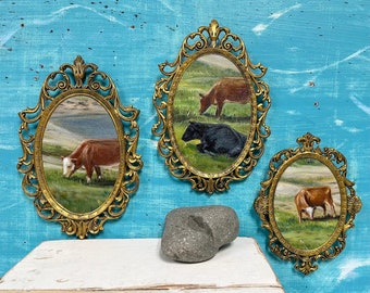 Vintage Original Cow Paintings, Country Farmhouse Style Wall Art in Oval Gold Bronze Italian Frames, Peaceful Pastoral Decor CastawaysHall