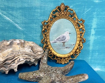 Original Seagull Painting by CastawaysHall, Small Shore Bird at the Beach on Canvas in Round Italian Gold Frame, Beach House Friend Gift