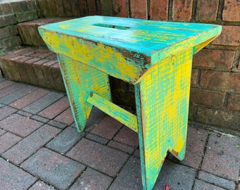 Vintage Farmhouse Bench, Brightly Painted Rustic Stool, Weather Turquoise and Yellow Side Table Bench, Beach House Decor at CastawaysHall