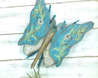 Wooden Butterfly Art Sculpture, Turquoise Carved Wood Moth Doll Wall Art, Oddity and Curiosity Decor, Insect Collector Gift by CastawaysHall
