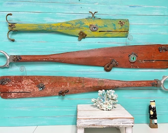 Red Distressed Whale Folk Art: Vintage Oar Assemblage, Beach House Decor By CastawaysHall