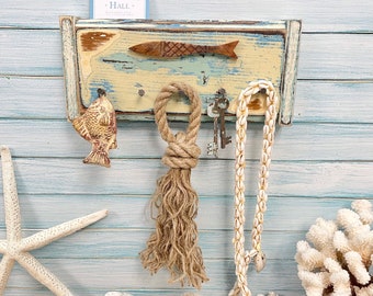 Rustic Key Holder With Wood Fish For The Lake House, Wooden Chippy Paint Hook Rack For Jewelry, Beach House Wall Art Decor by CastawaysHall