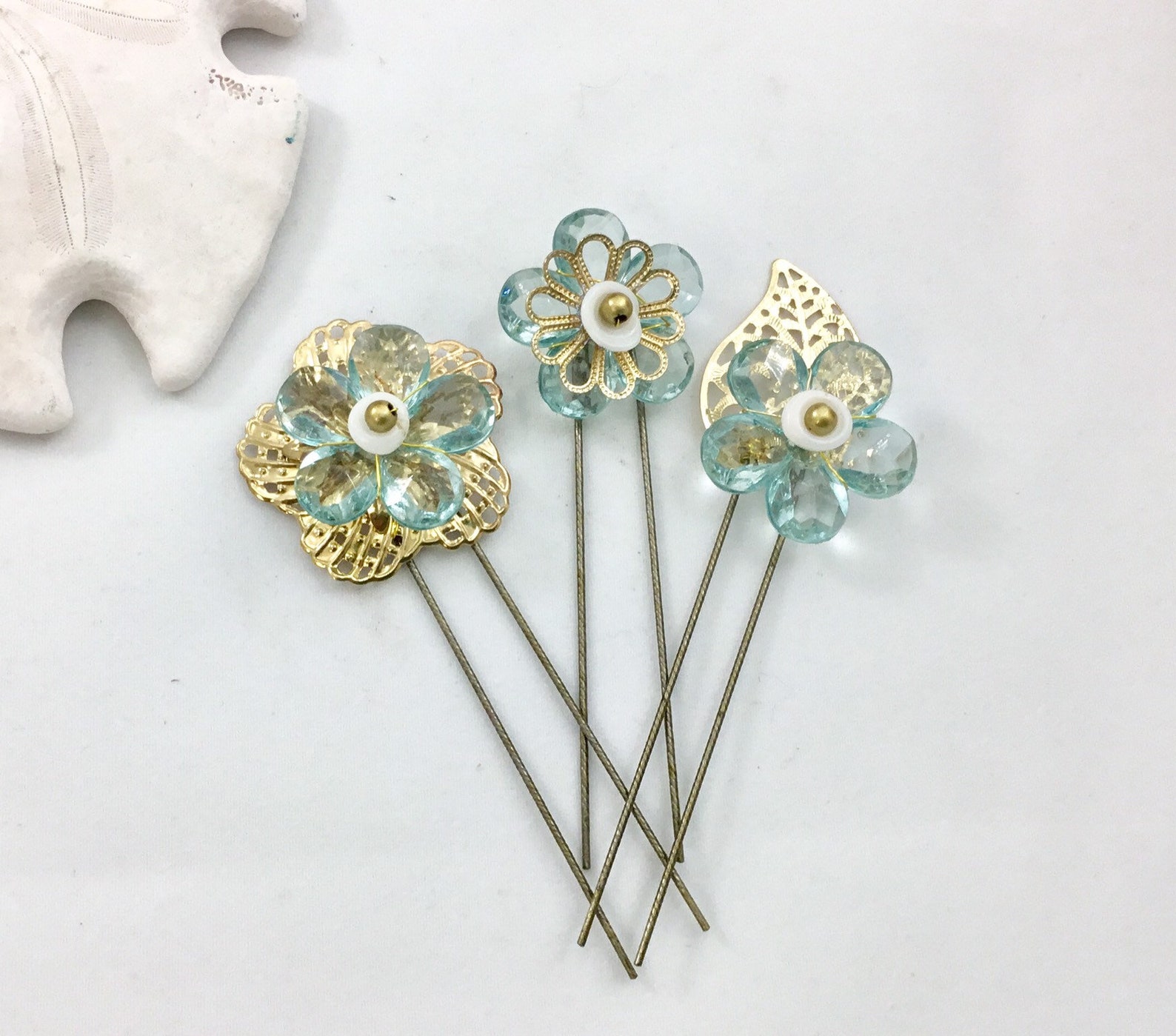 Blue Flower Sea Shell Hair Pin Set Beach Wedding Bridal Hair | Etsy